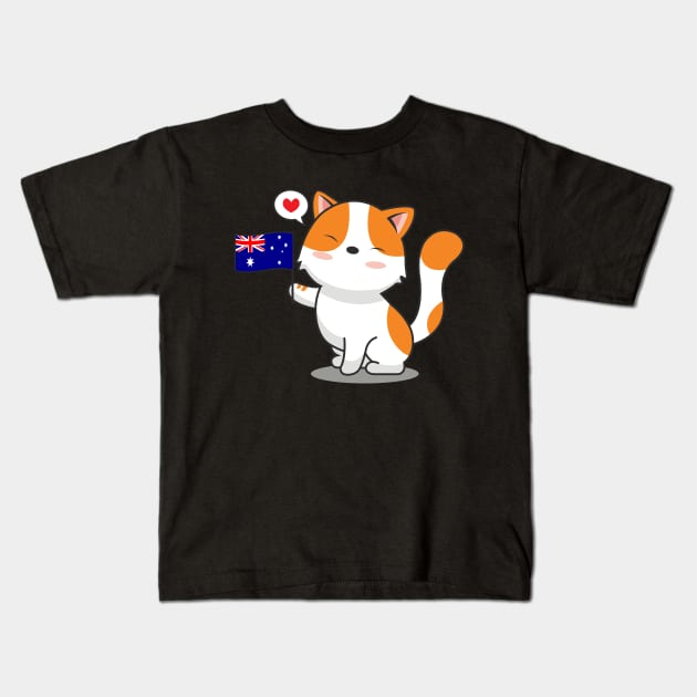 Cute Cat Holding Australia Flag Kids T-Shirt by Luna Illustration